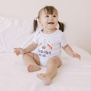 cute toddler baby in the wee bean organic cotton onesie in boba equali-tea for all