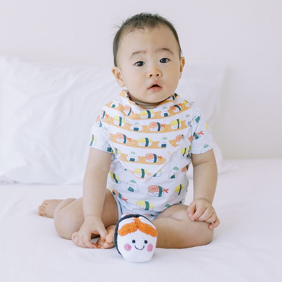 the wee bean organic and sustainable big baby gift set with blankets bibs swaddle and rattle doll in taste of japan sushi tempura