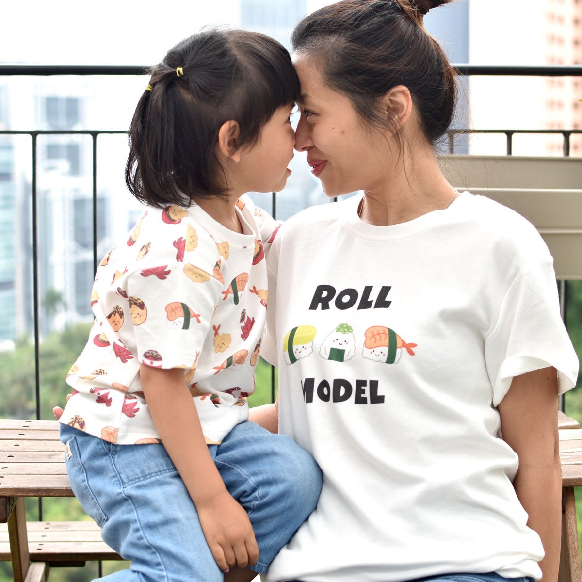 mommy and daughter child wearing the wee bean organic cotton super soft mommy and me twinning matching t-shirts adult women teen t-shirt in sushi roll model takoyaki