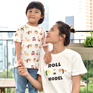 mommy and child wearing the wee bean organic cotton super soft mommy and me twinning matching t-shirts adult women teen t-shirt in sushi roll model takoyaki