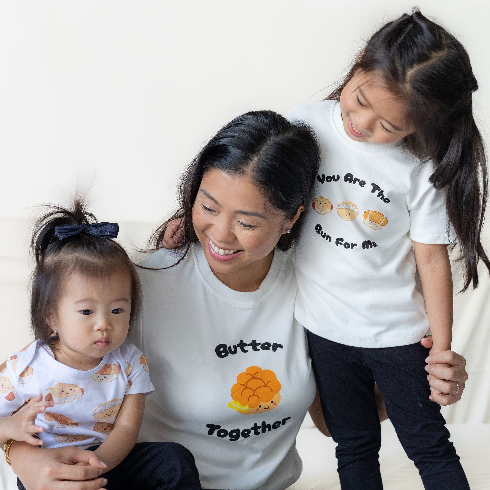 the wee bean mommy and me matching twinning tee t-shirt and baby onesie bodysuit in pineapple bun bakery buns