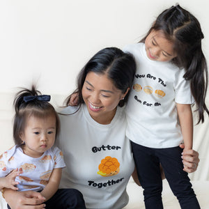 the wee bean mommy and me sibling matching organic onesie and t-shirts in bakery buns pineapple bun