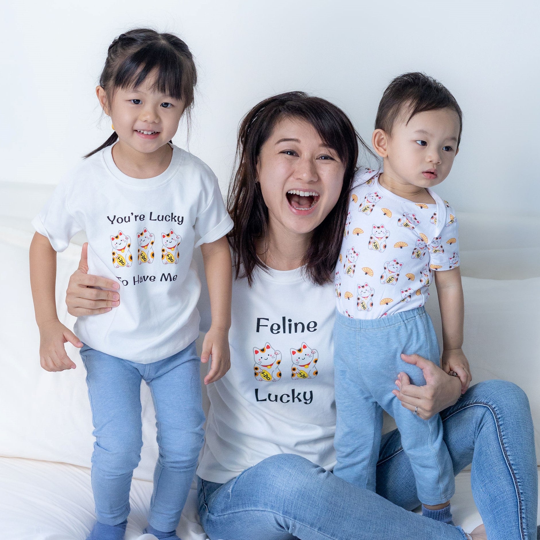 the wee bean mommy and me tee and onesie in lucky fortune cat