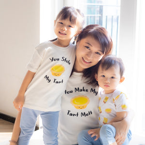the wee bean mommy and me sibling matching organic onesie and t-shirts in egg tart