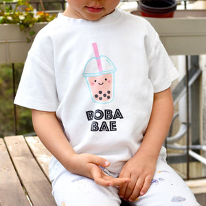 cute child wearing the wee bean organic cotton tee t-shirt in boba bae boba tea bubble tea